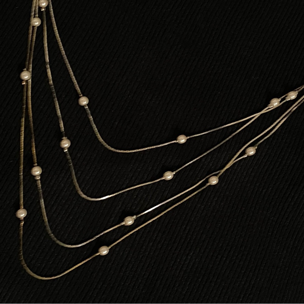 Multi-Strand Pearl Station Necklace - Silver-Tone Snake Chain - Picture 3 of 4